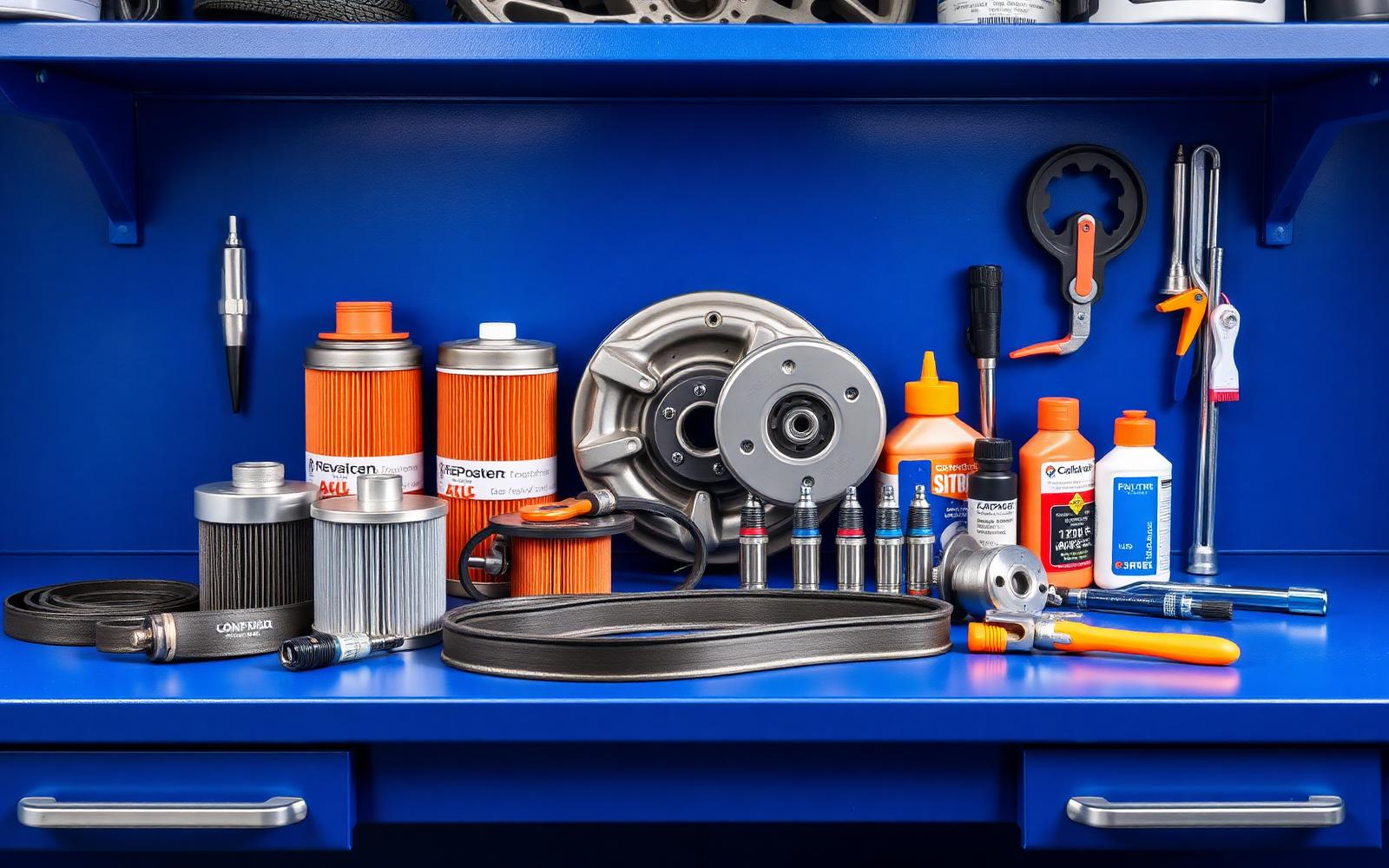 Produtos de manutenção automotiva sobre bancada azul